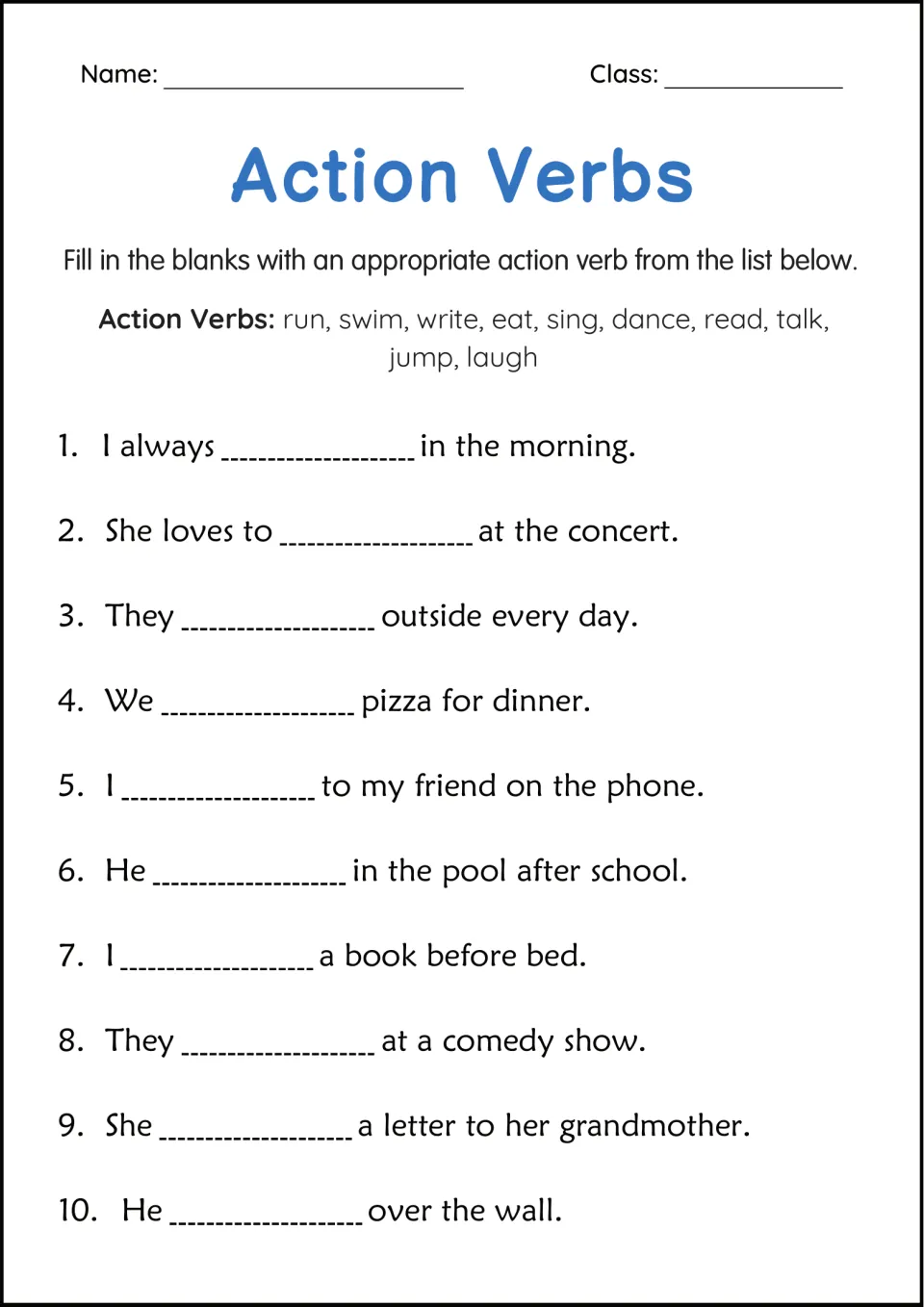 Action verbs fill-in: students complete 10 sentences using a word bank of run, swim, write, eat, sing, read and more