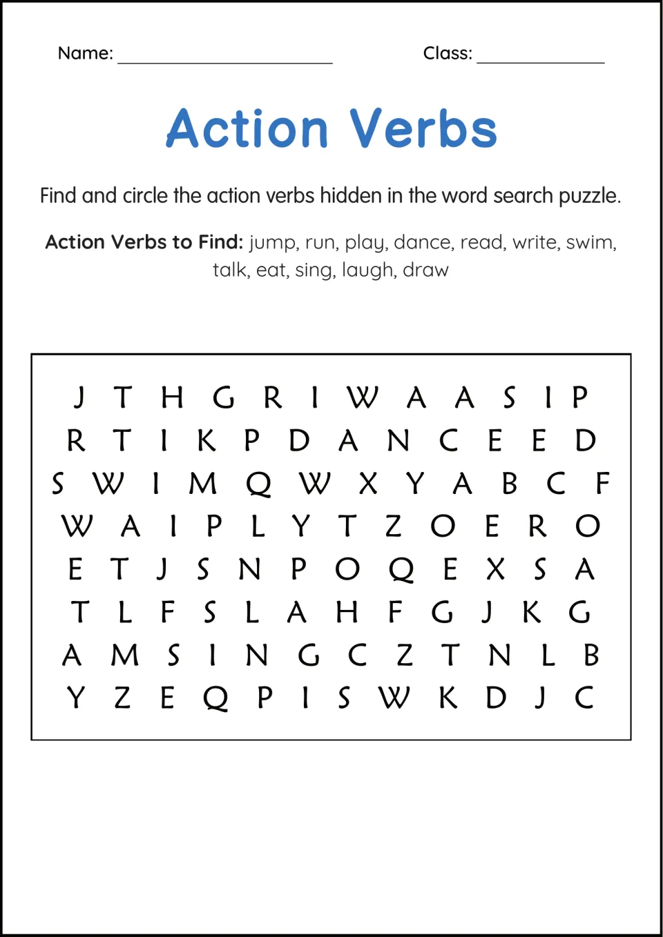 Action verbs word search: students circle 12 hidden verbs, including jump, dance, swim, laugh and draw