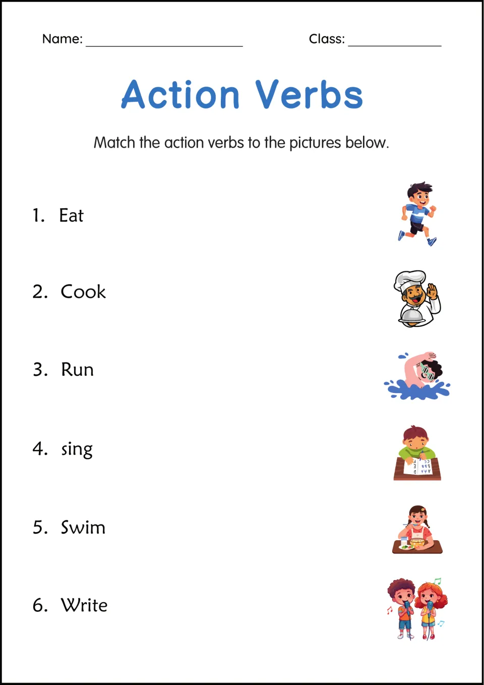 Action verbs matching: students match eat, cook, run, sing, swim and write to pictures of children and a chef in action