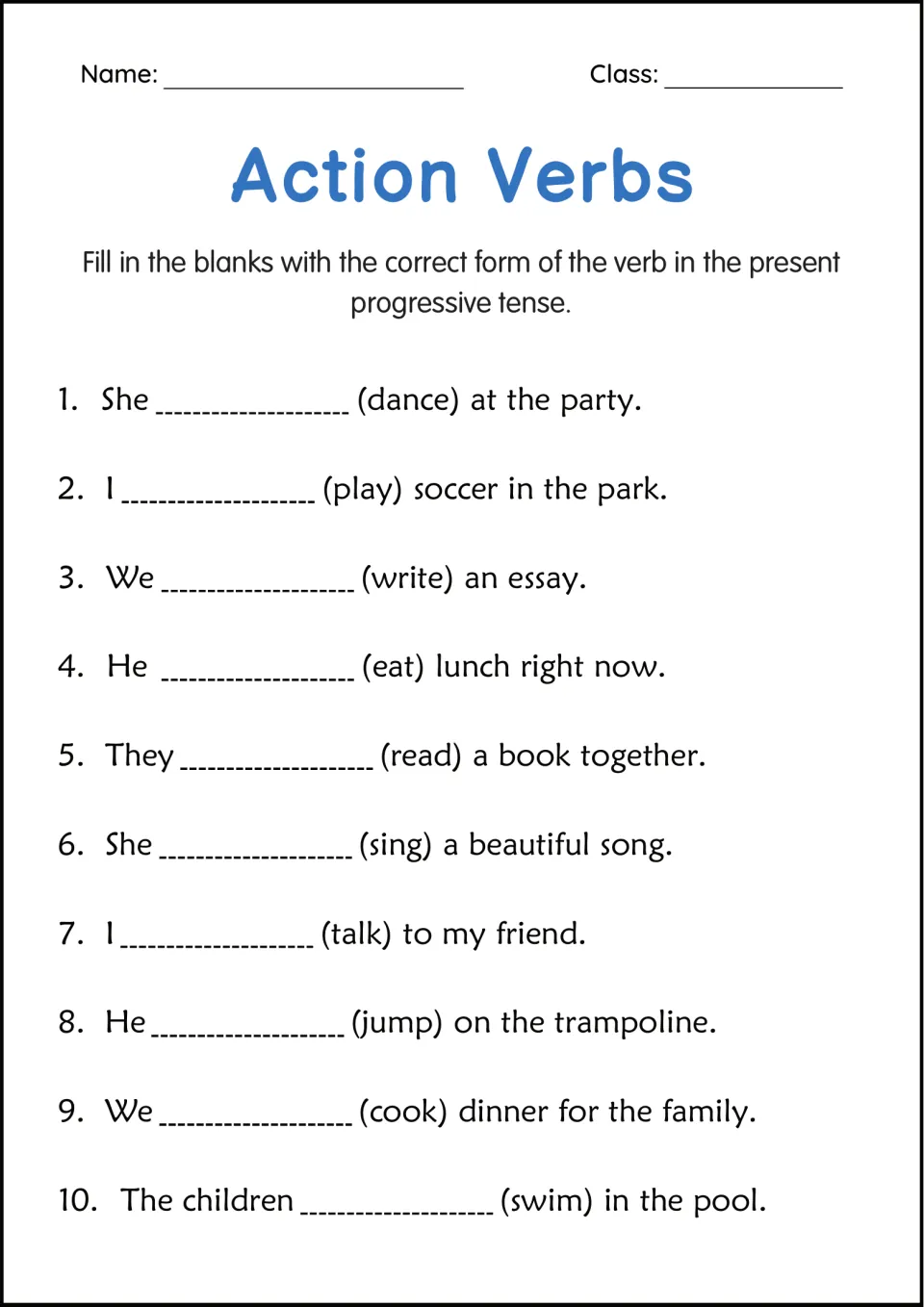 Present progressive tense: students write the -ing form of verbs like dance, play, eat and swim to complete 10 sentences