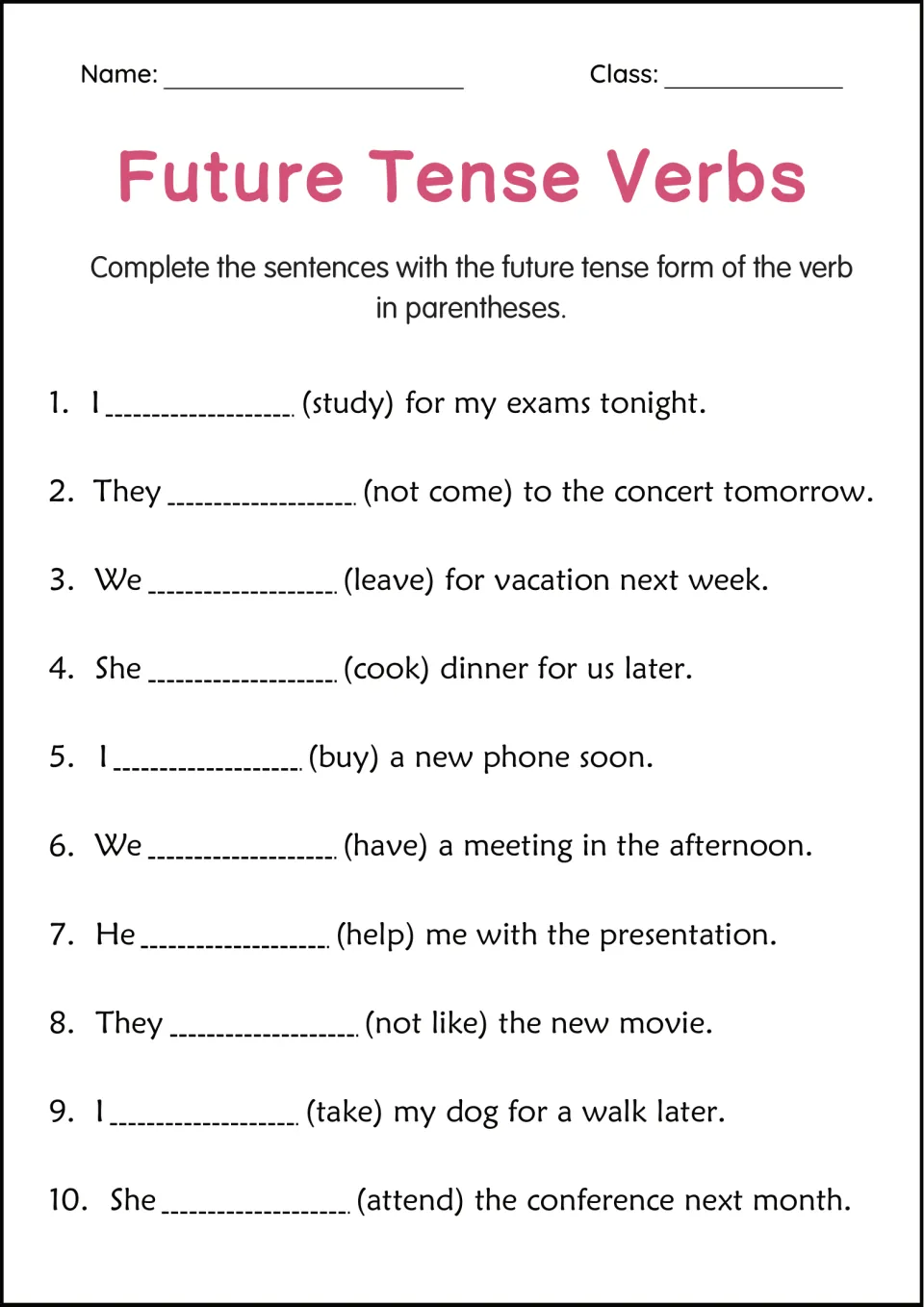 Future tense review: students write the future form of the verb in parentheses in 10 sentences, including negatives