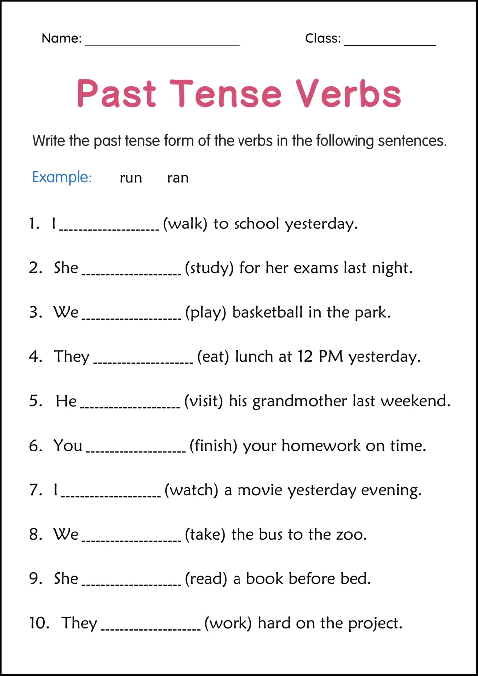 Past tense verbs: students write the past form of walk, study, play, eat and visit to complete 10 sentences