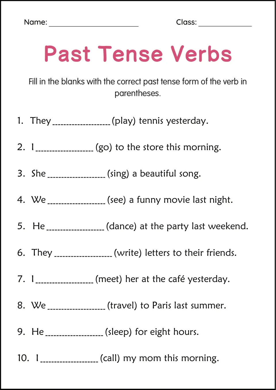 Past tense fill-in-the-blank: students complete 10 sentences with verbs in parentheses, like go, sing, see and travel