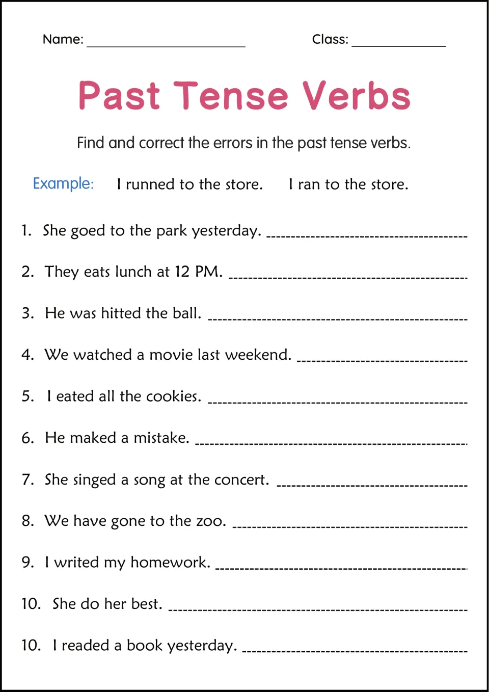 Past tense error correction: students fix sentences such as 'She goed to the park' and 'I eated all the cookies'