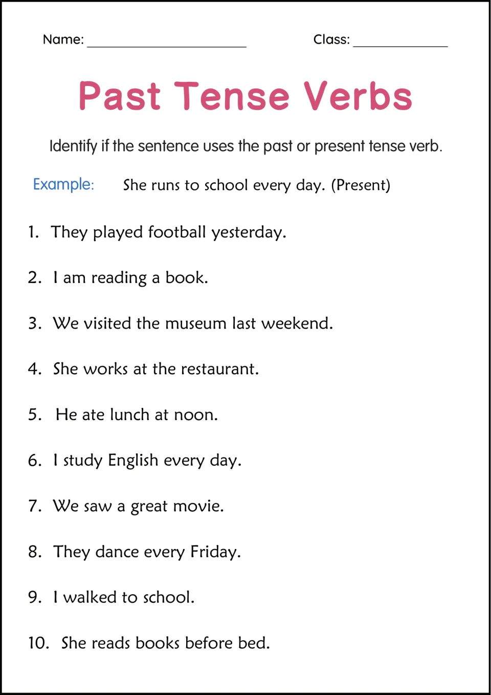 Past or present tense: students identify the verb tense in 10 sentences like 'They played football yesterday'