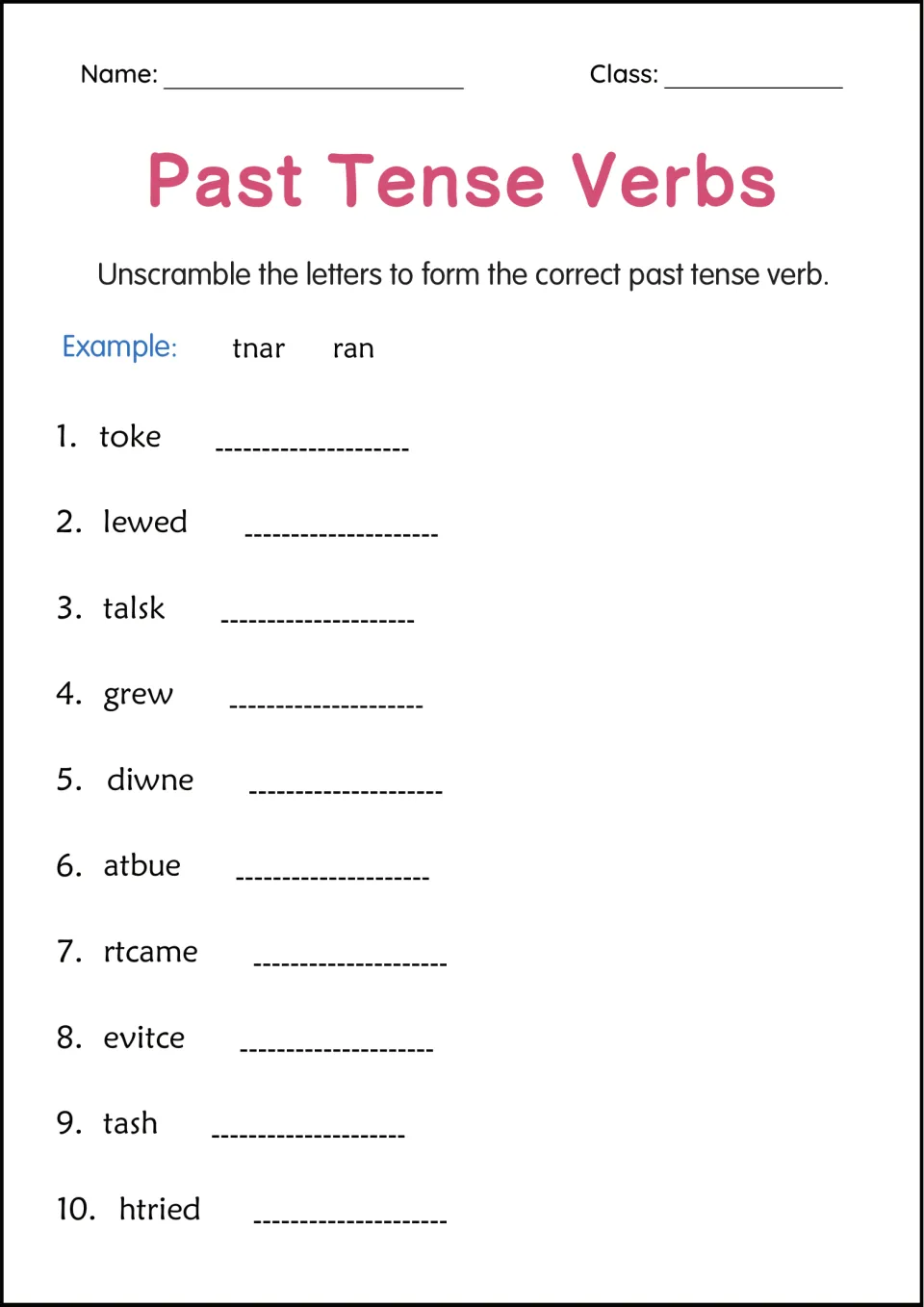 Past tense word scramble: students unscramble 10 letter sets, such as toke, lewed and htried, to spell past tense verbs