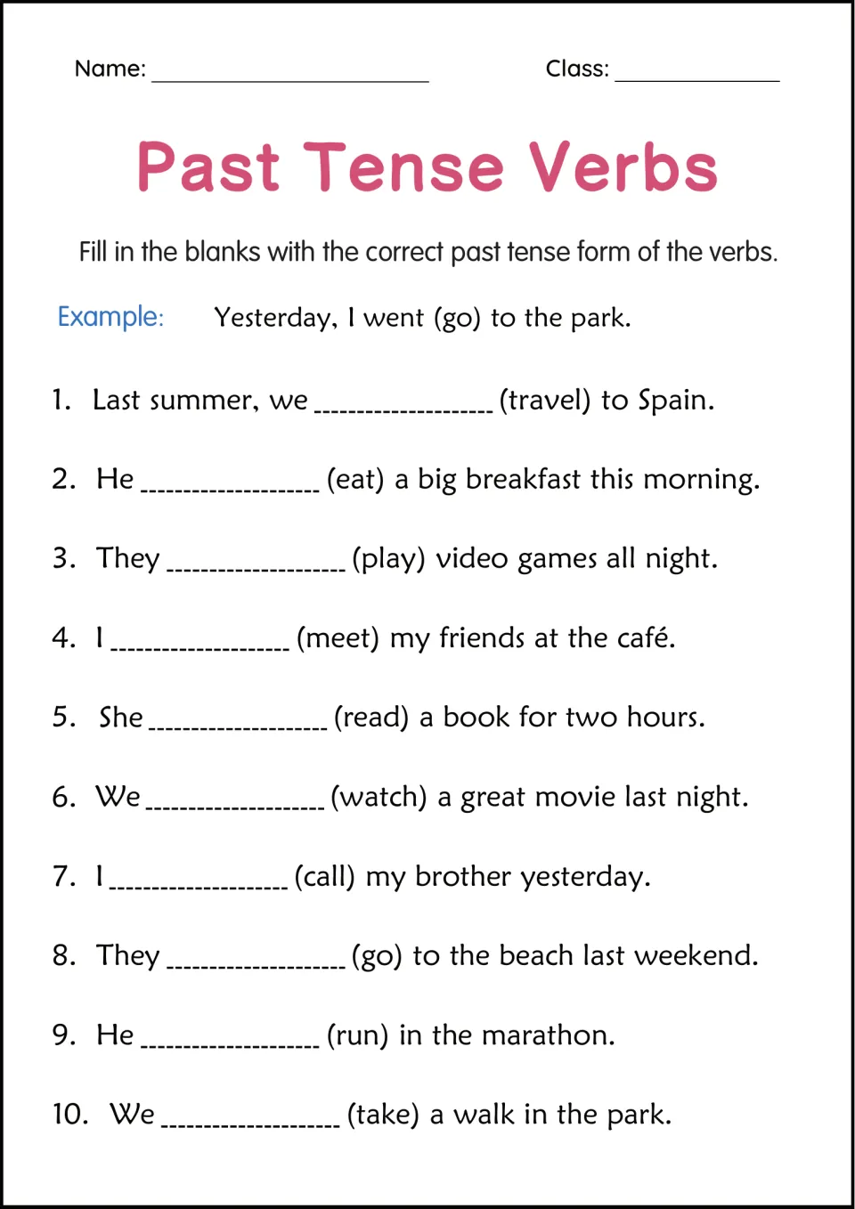 Past tense verbs in context: students fill blanks in 10 sentences like 'Last summer, we ___ (travel) to Spain'