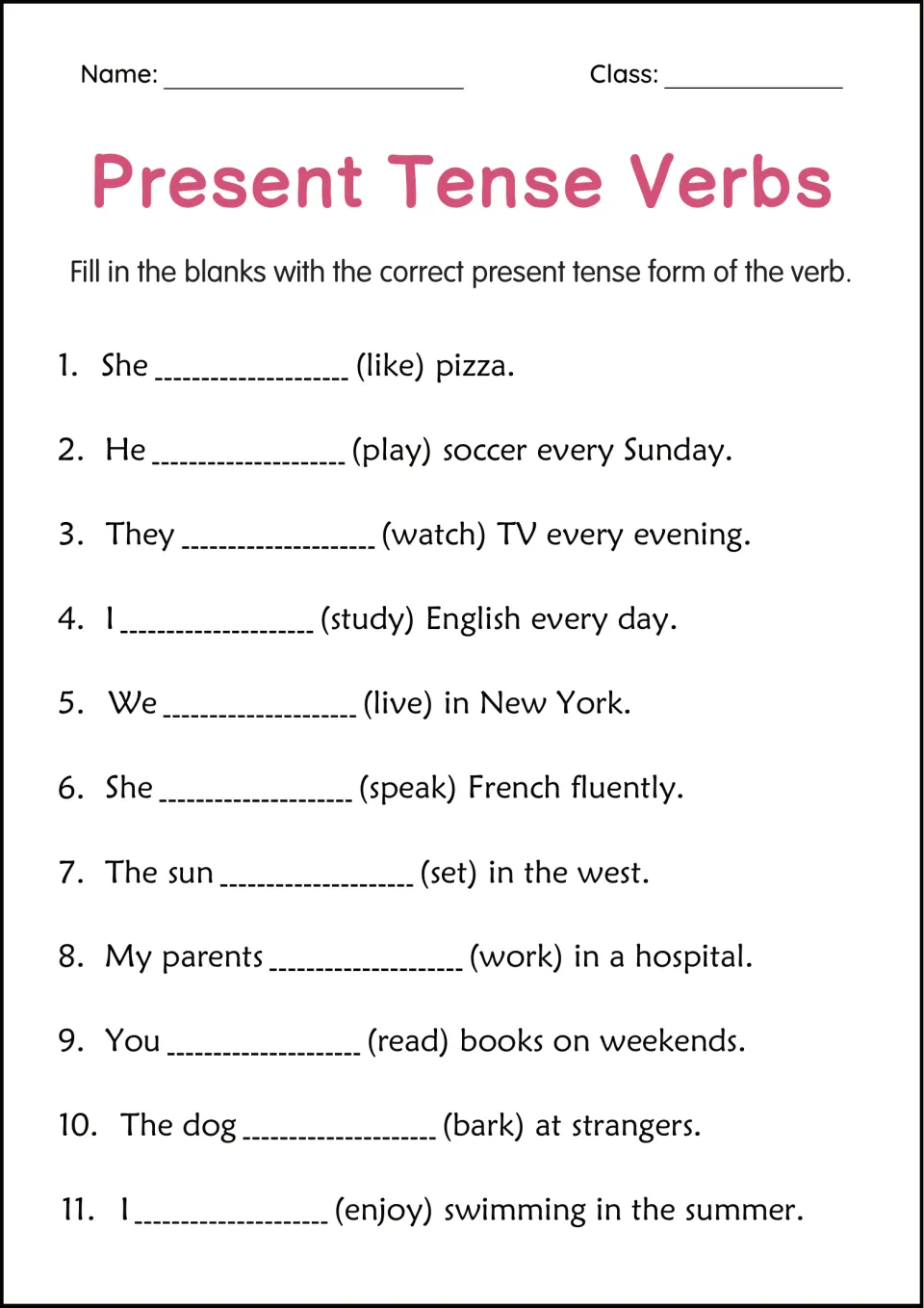 Present tense verbs: students write the correct form of 11 verbs such as play, study and bark to complete each sentence