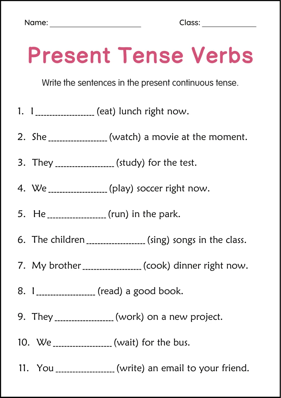 Present continuous practice: students complete 11 sentences such as She (watch) a movie at the moment
