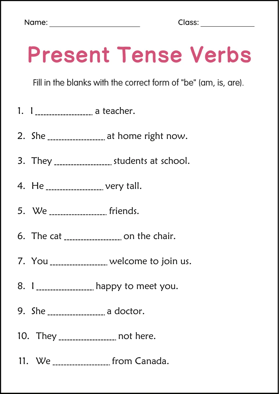 Forms of the verb be: students add am, is or are to 11 sentences about jobs, places and feelings