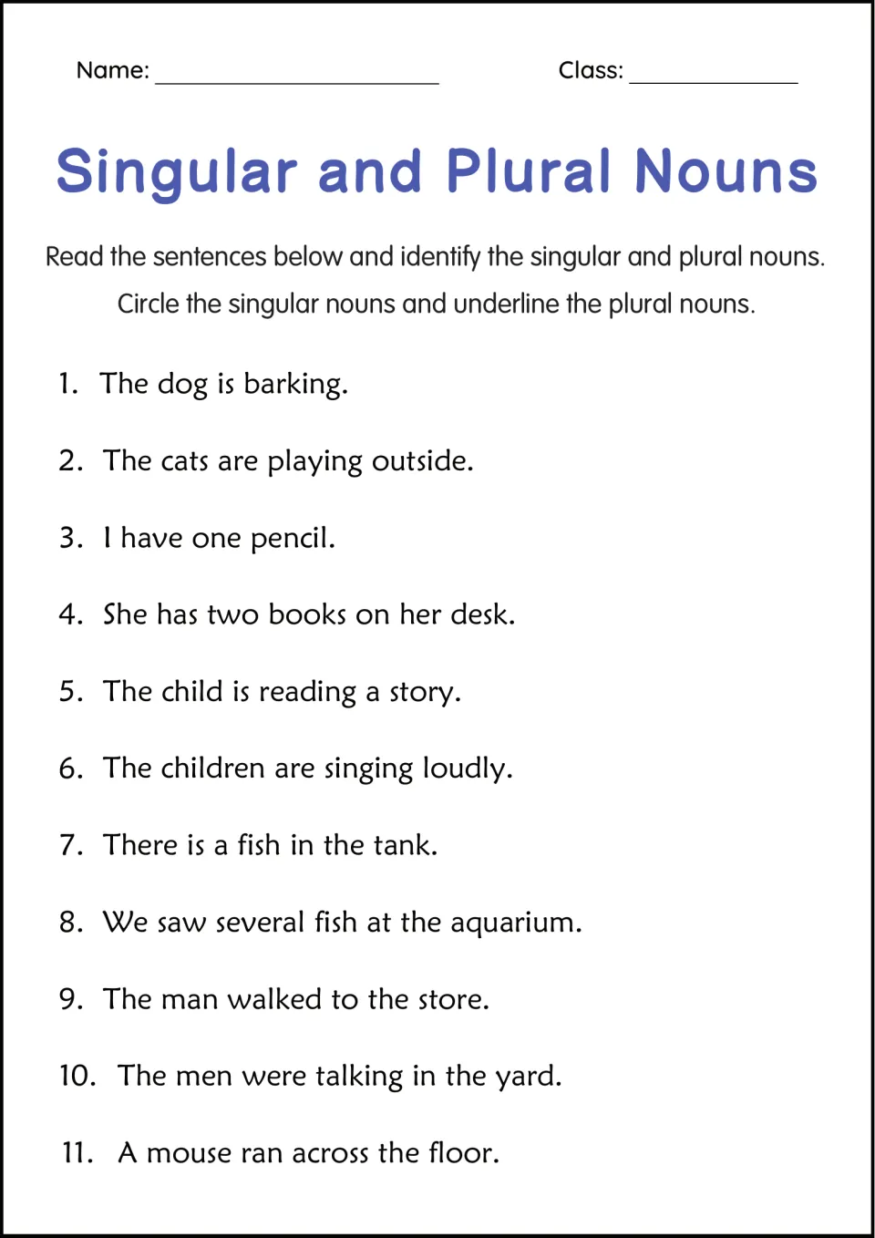 Spotting nouns: students circle the singular and underline the plural in 11 sentences about a dog, cats, men and a mouse