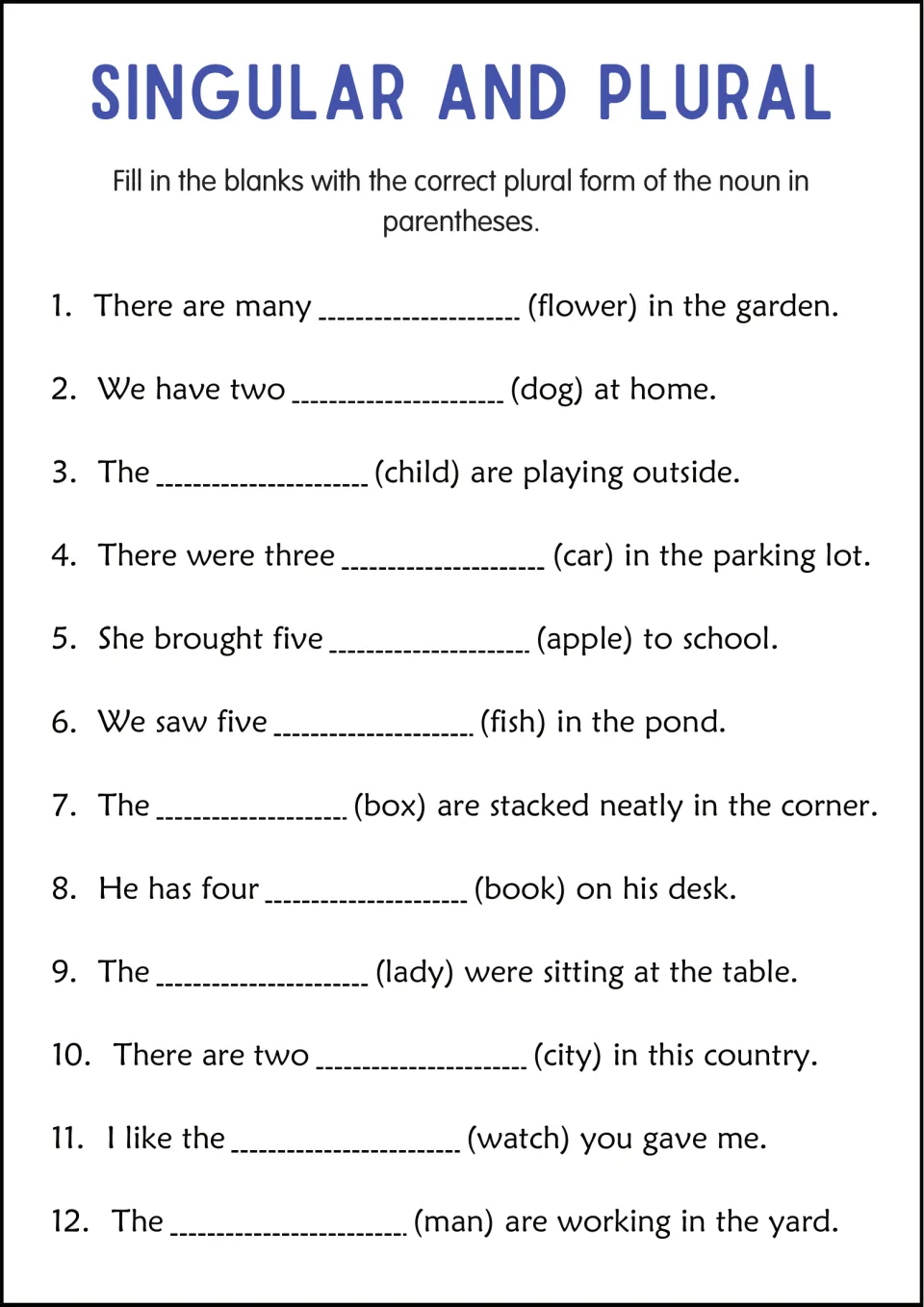 Plural fill-in: students write the plural of the noun in parentheses in 12 sentences, including box, lady, city and watch