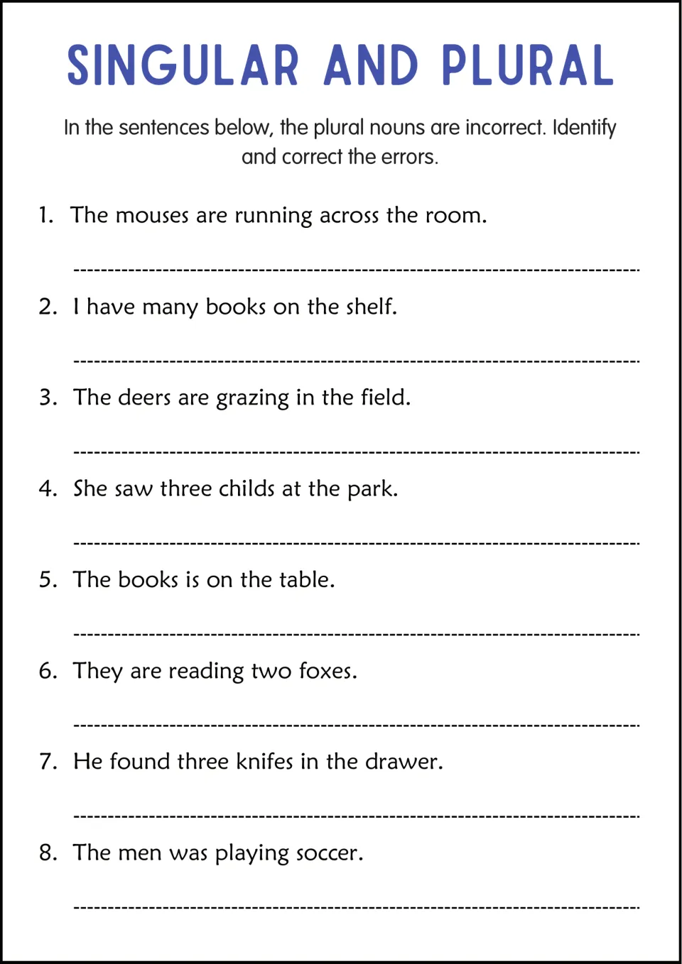Plural error correction: students fix incorrect plurals like mouses, deers, childs and knifes in 8 sentences