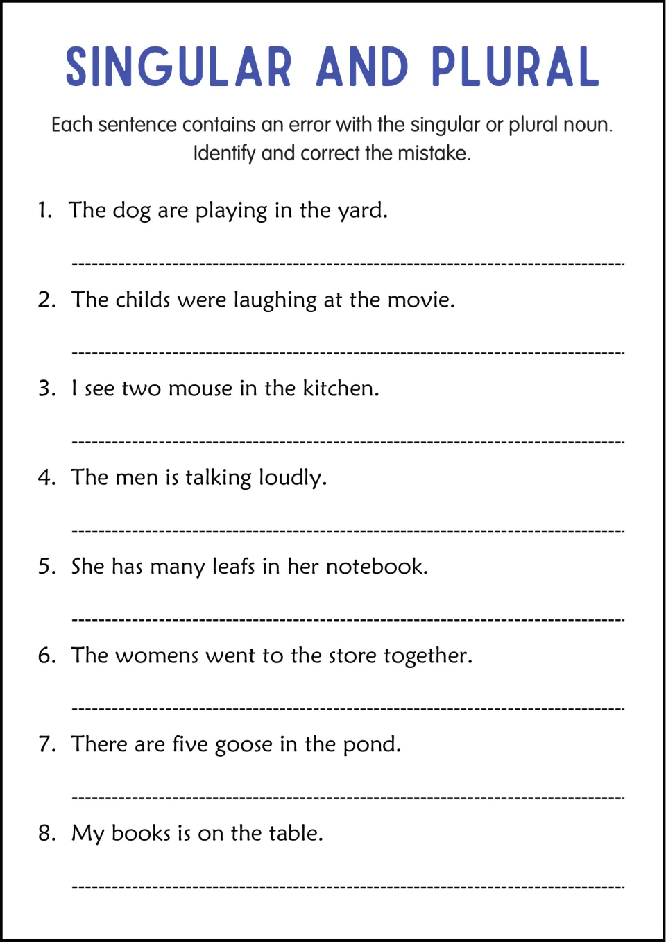 Noun mistakes: students find and correct the singular or plural error in 8 sentences such as two mouse and five goose