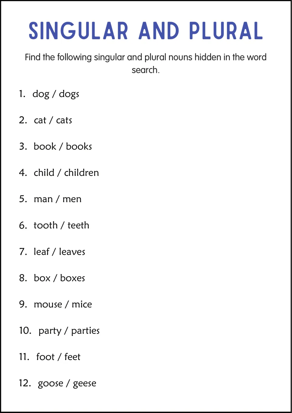 Word search list: 12 singular and plural noun pairs to find, including child/children, tooth/teeth and mouse/mice