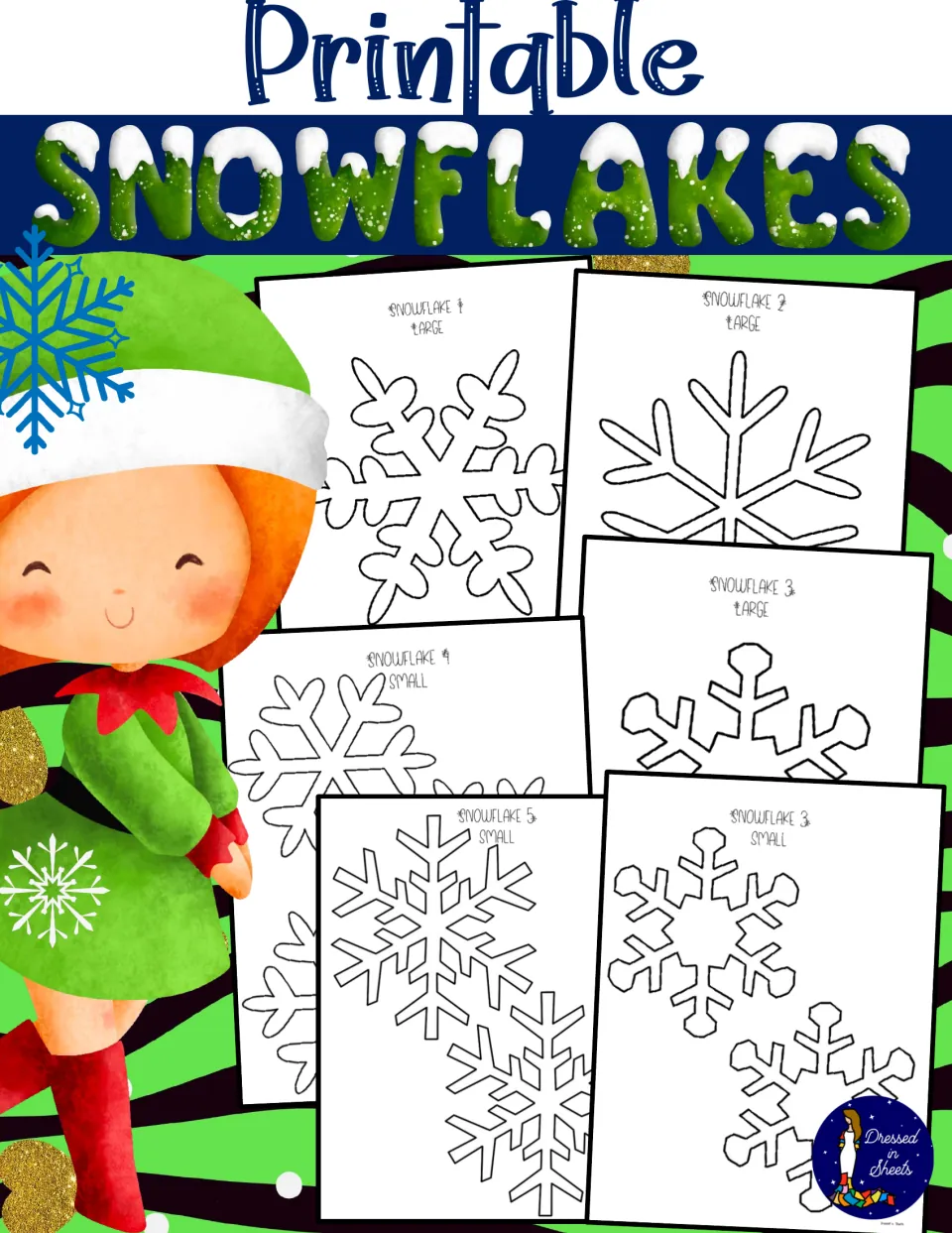 Printable Snowflakes cover: numbered snowflake outline templates in large and small sizes, shown beside a cartoon elf