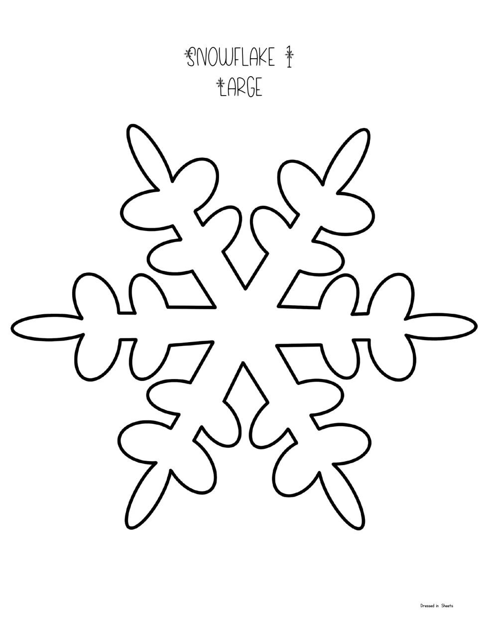 Snowflake 1 large template: one big outline of a snowflake with rounded, leaf-like branch tips for students to cut out