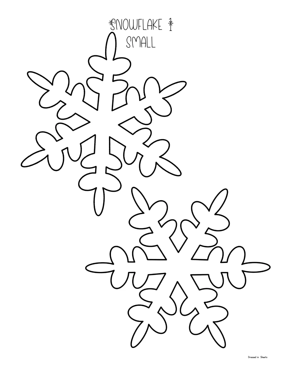 Snowflake 1 small template: two smaller copies of the rounded, leaf-tipped snowflake outline for students to cut out