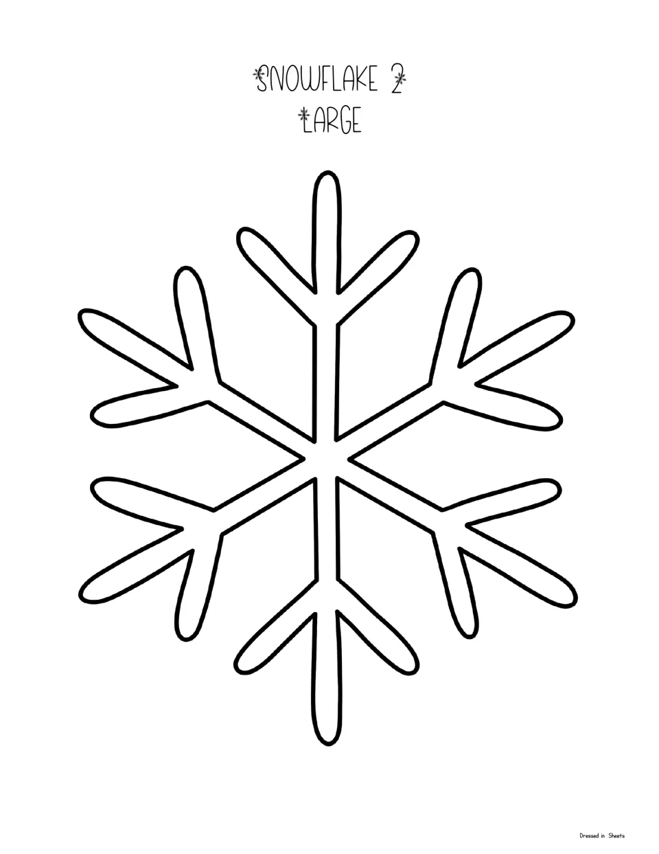 Snowflake 2 large template: one big outline of a simple six-armed snowflake with V-shaped branches to cut out and color