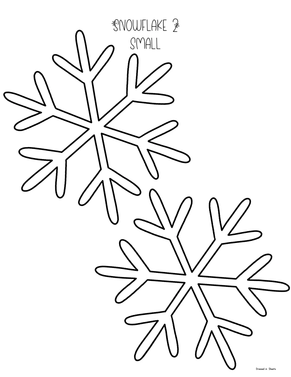 Snowflake 2 small template: two smaller copies of the simple six-armed snowflake with V-shaped branches, for cutting out
