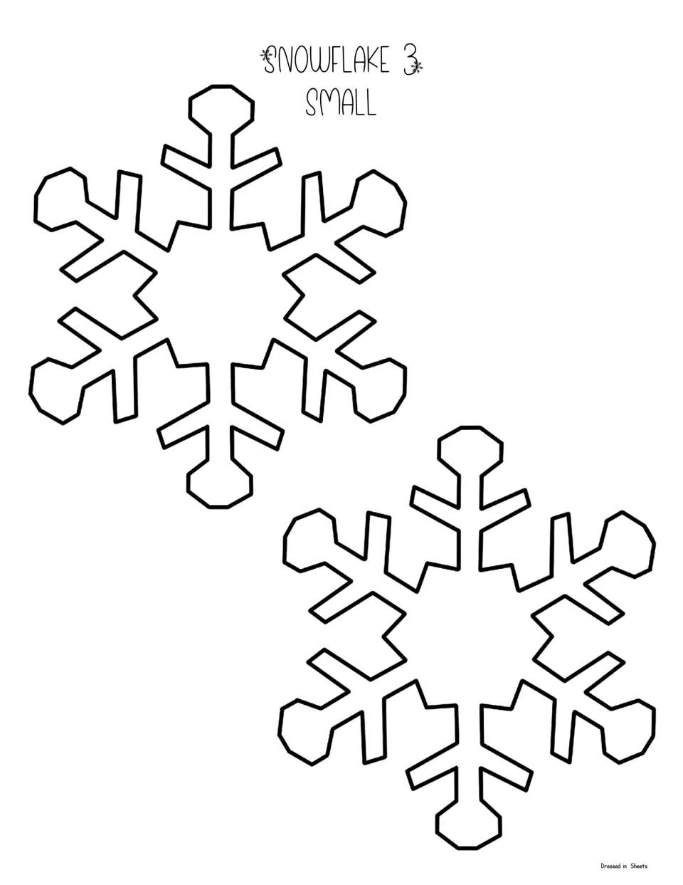 Snowflake 3 small template: two smaller copies of the angular snowflake with hexagon-shaped arm tips, for cutting out
