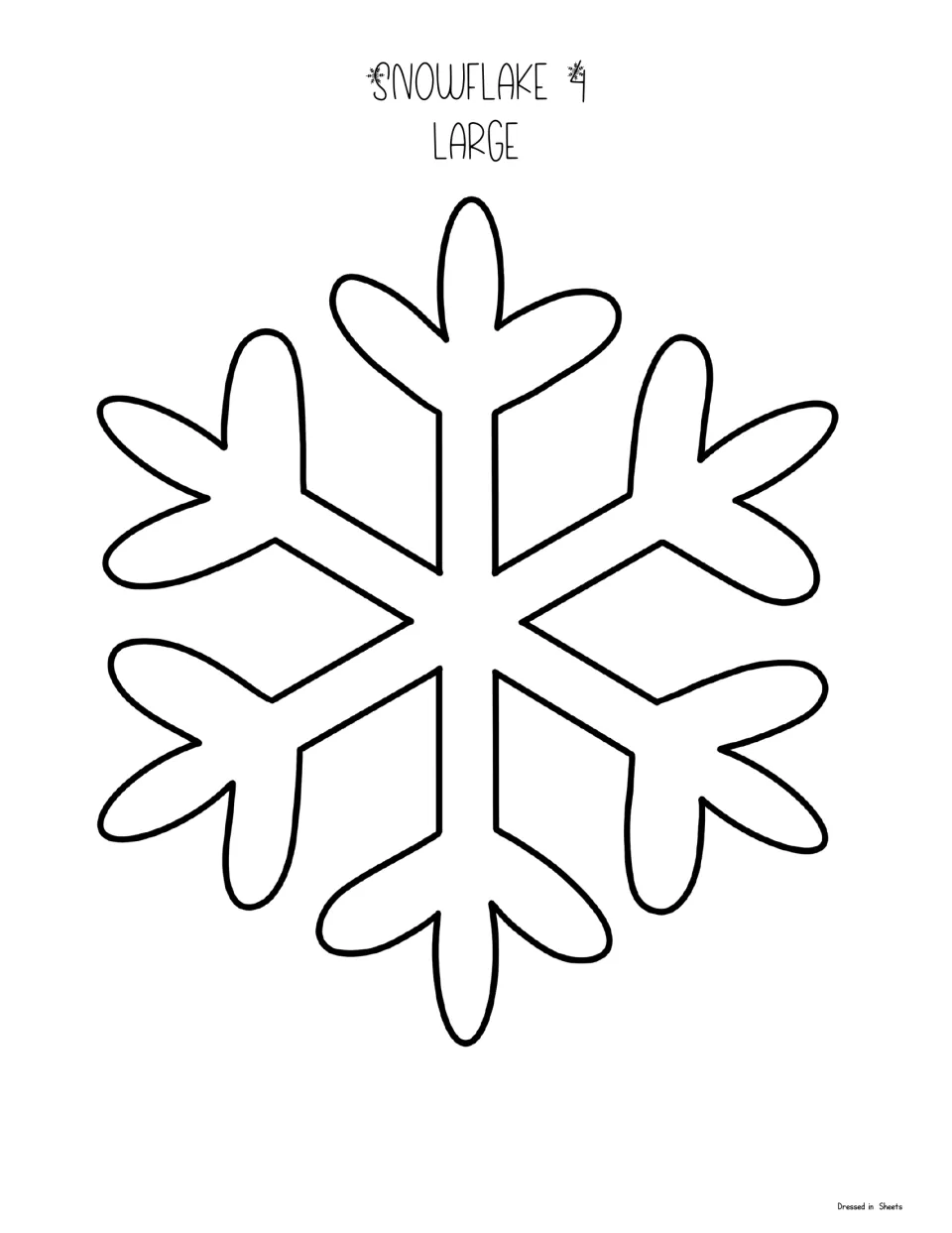 Snowflake 4 large template: one big snowflake outline with curved, heart-like branch pairs on each of six arms to cut out