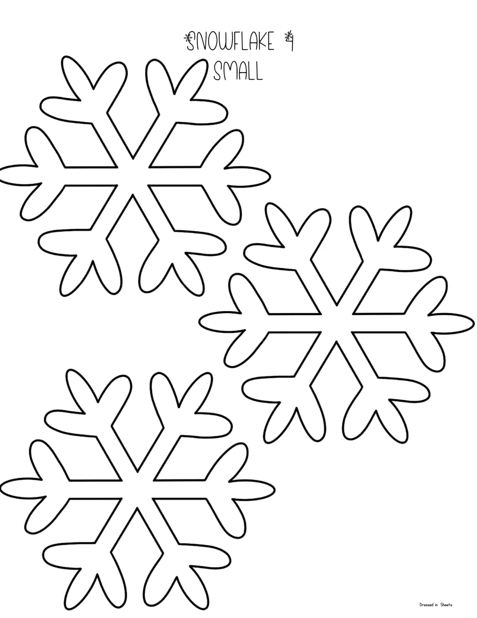 Snowflake 4 small template: three smaller copies of the snowflake with curved, heart-like branches for students to cut out