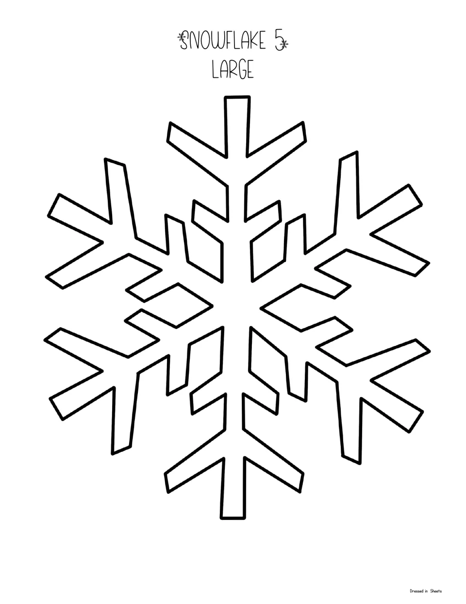 Snowflake 5 large template: one big detailed snowflake outline with straight, many-branched fern-like arms to cut out