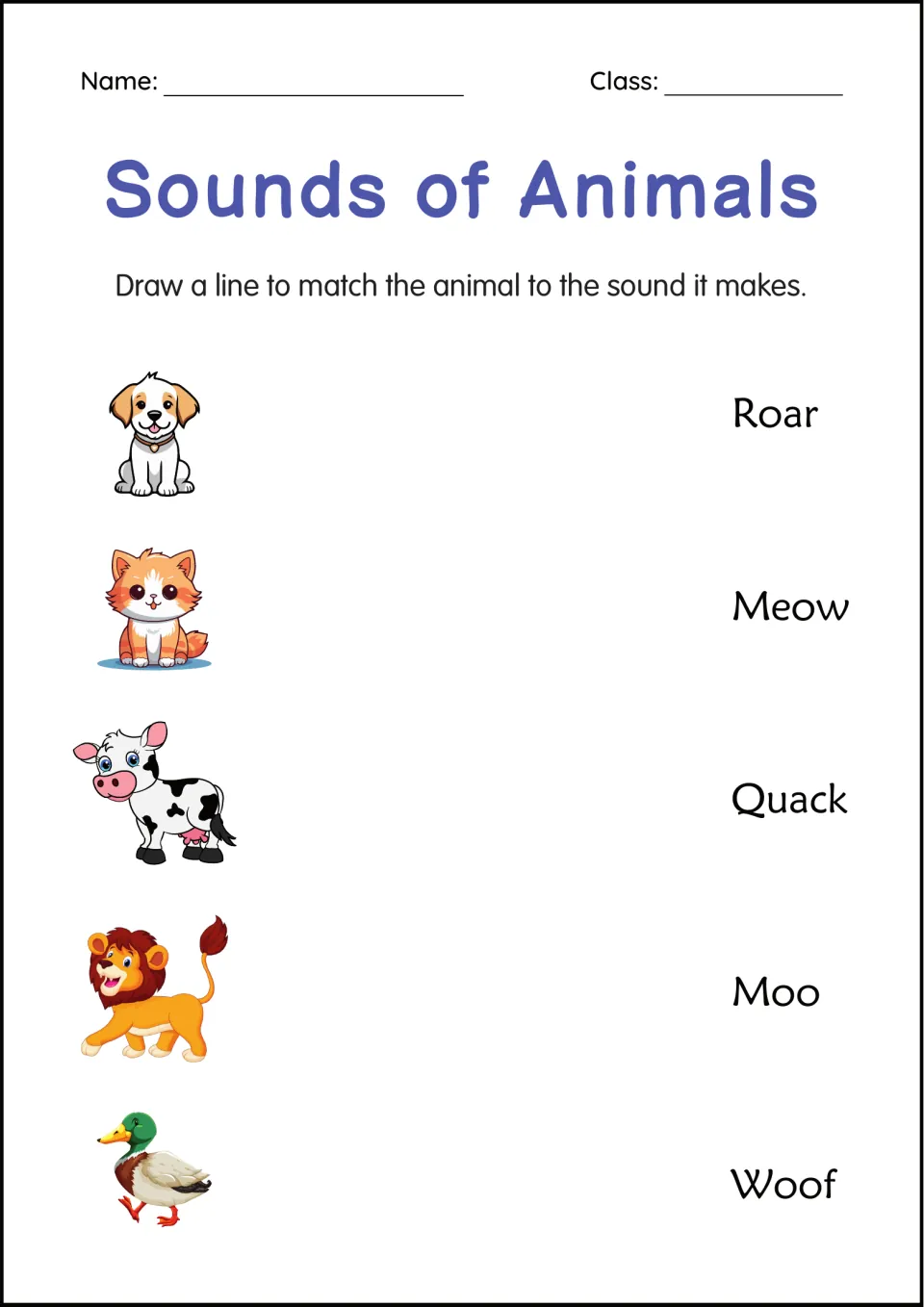 Animal sounds matching: students draw lines from a dog, cat, cow, lion and duck to Roar, Meow, Quack, Moo and Woof