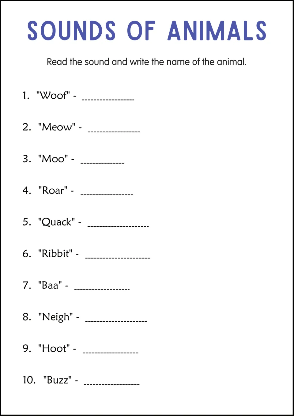 Sound-to-animal recall: students read 10 sounds such as Woof, Ribbit, Neigh, Hoot and Buzz and write the animal's name