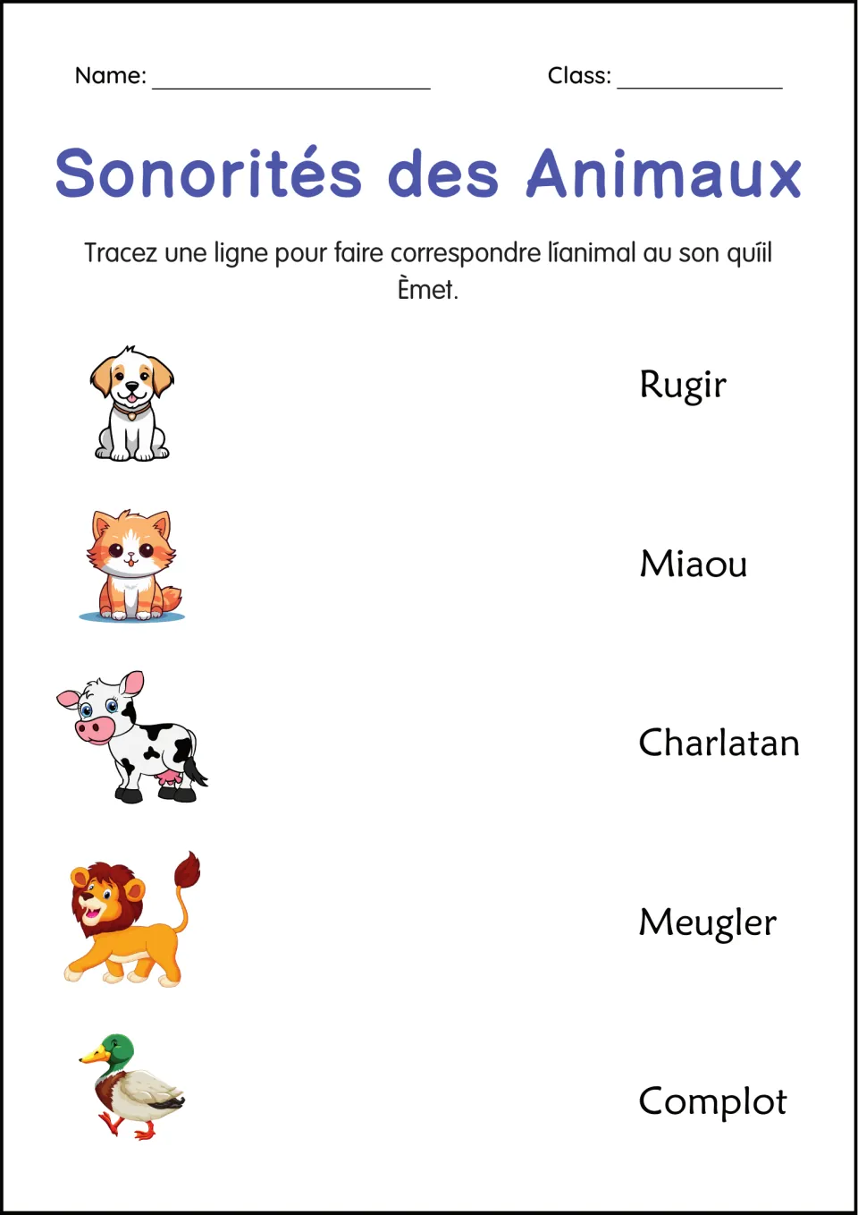 French animal sound matching activity: dog, cat, cow, lion, and duck pictures and five sound choices.