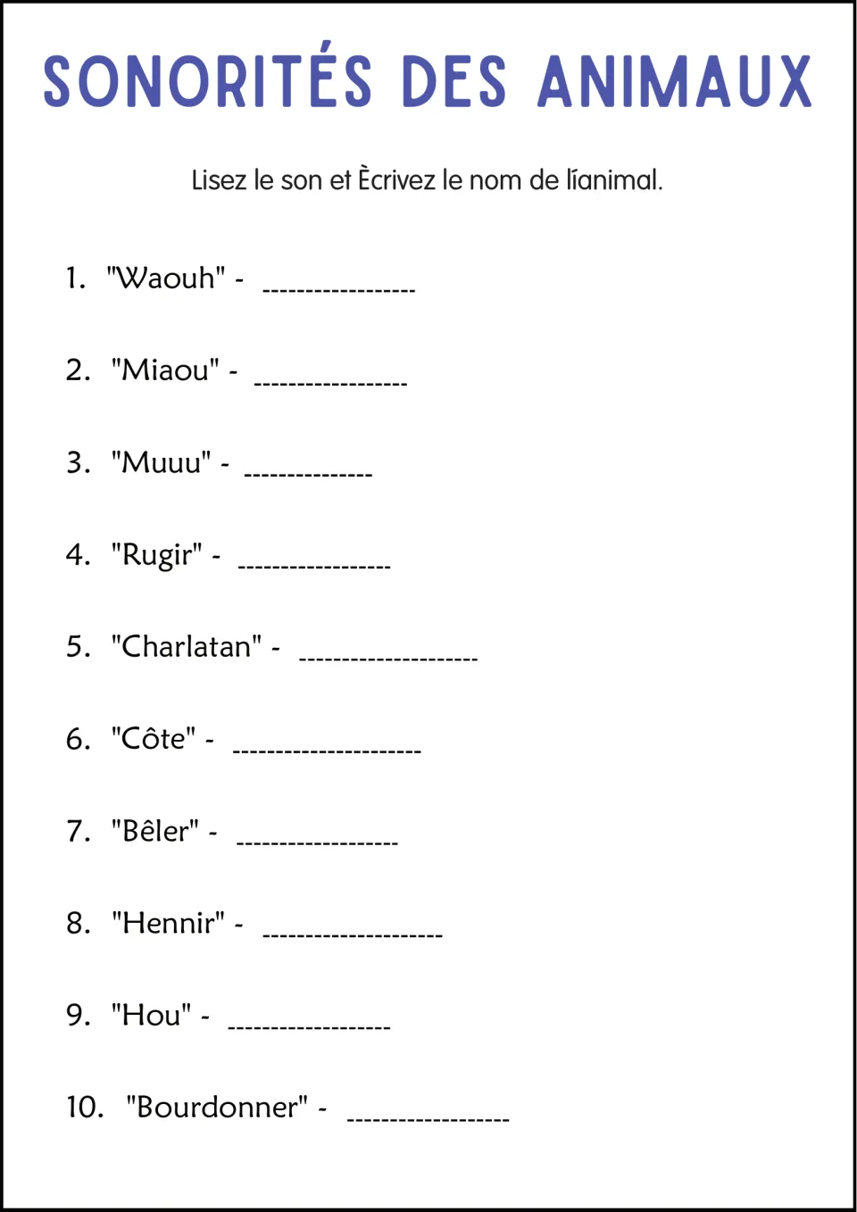 French animal identification exercise: name animals for “Miaou” (meow), “Rugir” (roar), and eight more.