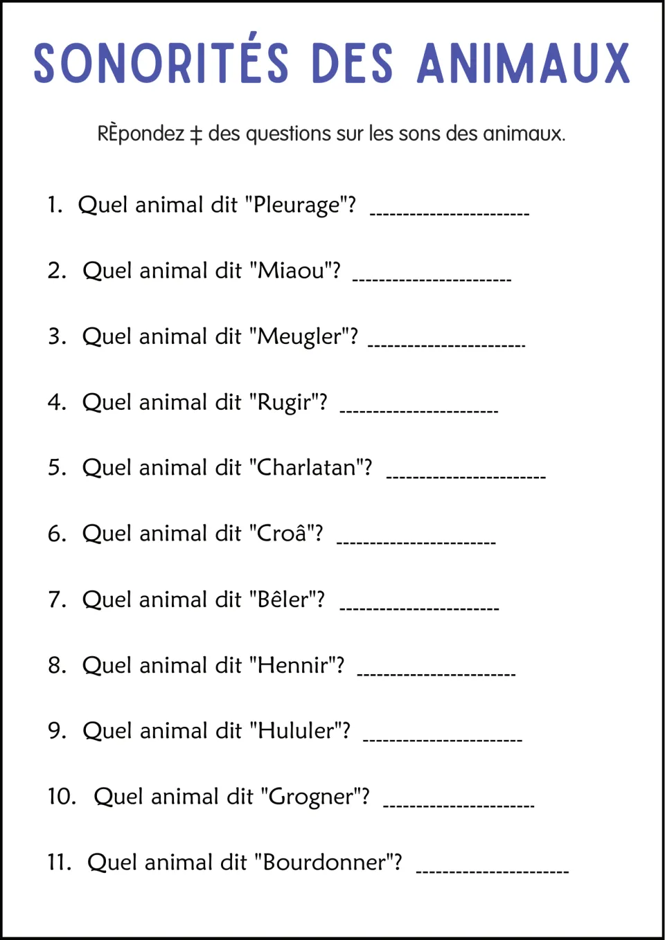French animal sound questions: identify animals for “Meugler” (moo), “Hululer” (hoot), and nine more.