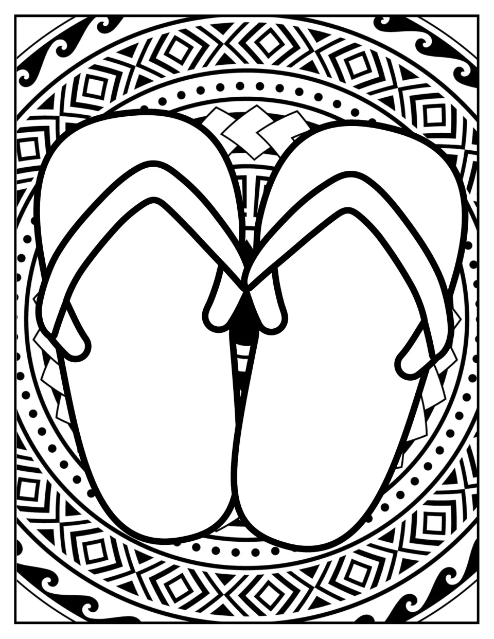 Flip-flops mandala coloring page: students color a pair of sandals set inside rings of tribal diamond and dot patterns