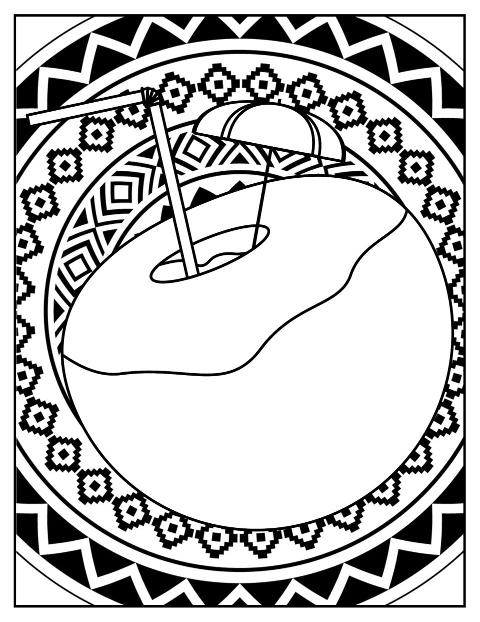 Coconut drink coloring page: a coconut with a straw and paper umbrella sits in a circle of stepped diamond patterns
