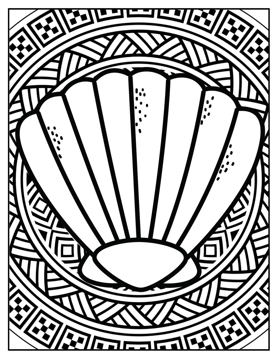 Scallop seashell coloring page: students color a ridged shell framed by woven and checkered mandala rings