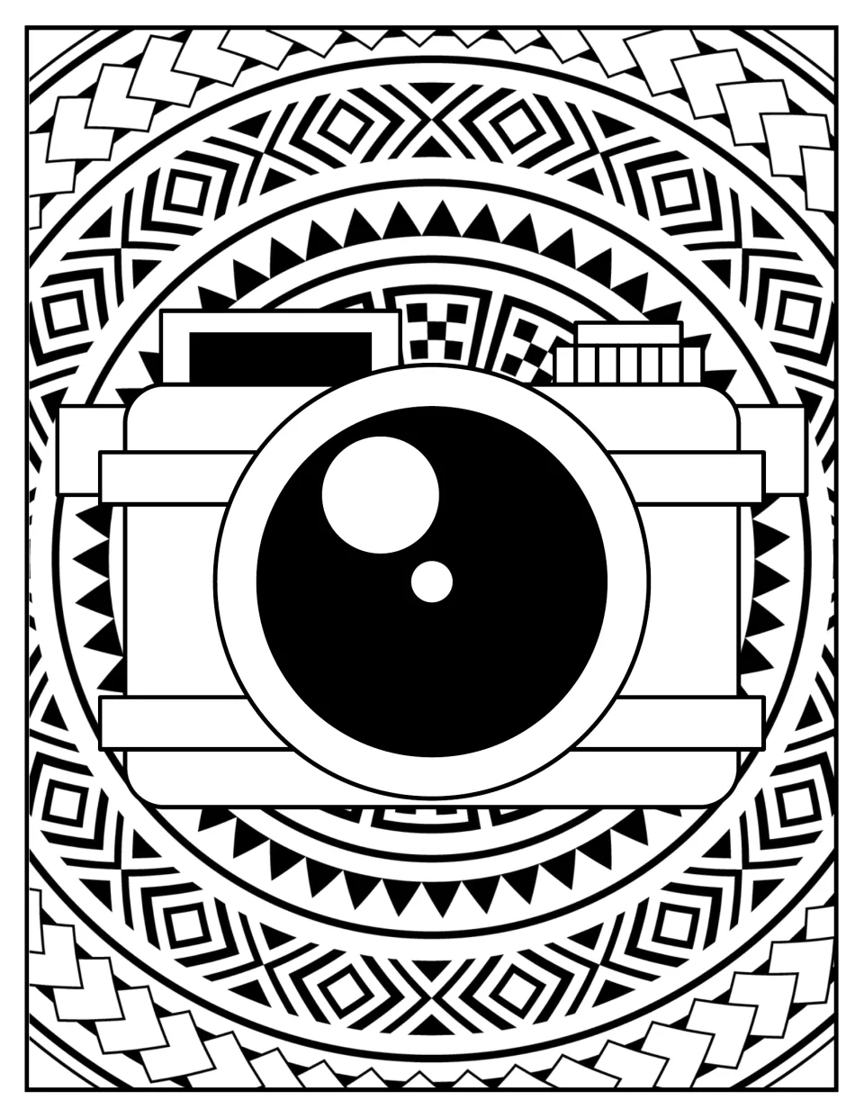 Camera coloring design: a retro camera with a big black lens surrounded by triangle and diamond tribal patterns
