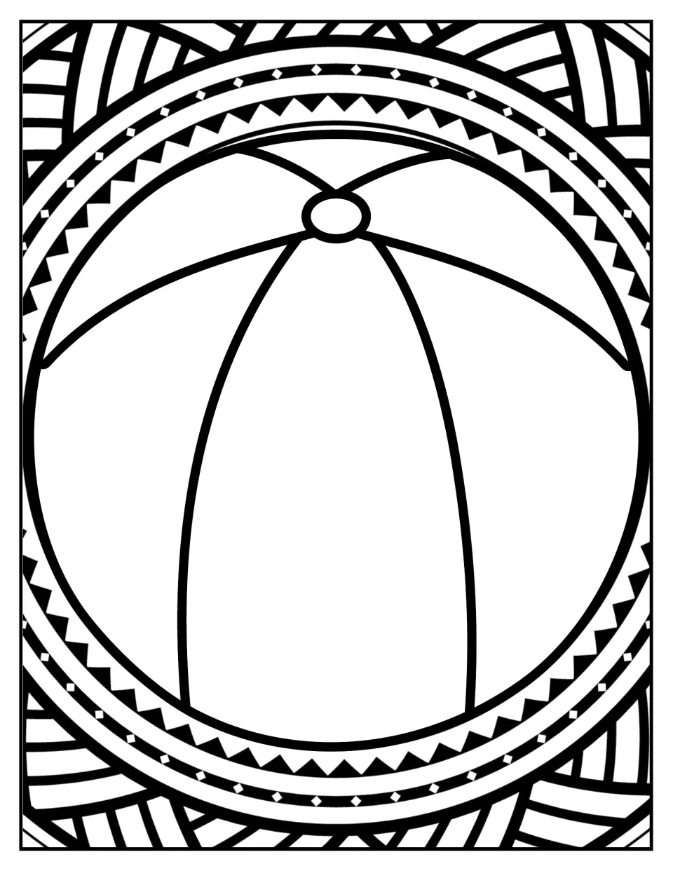 Beach ball mandala to color: a paneled beach ball centered in rings of zigzag triangles and woven stripes