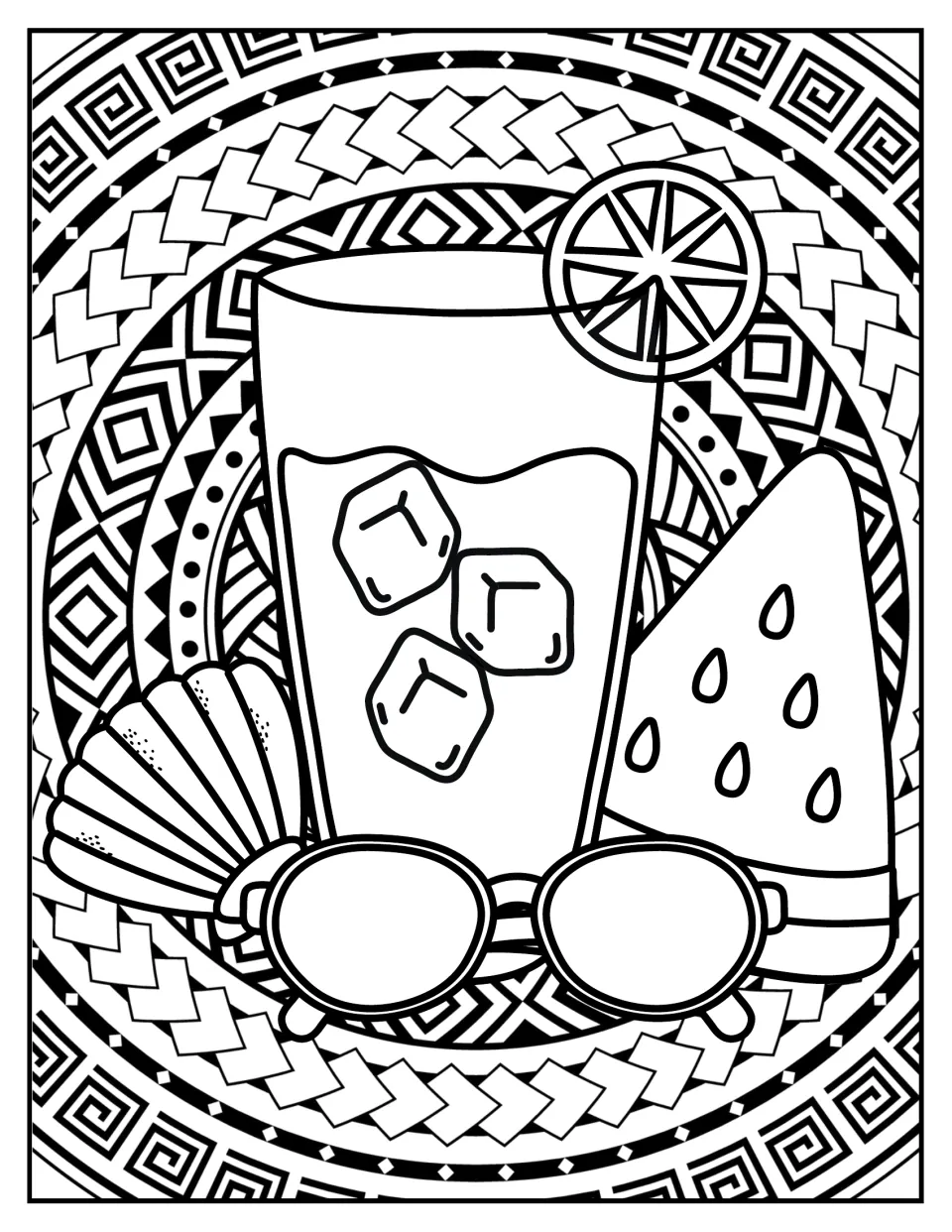 Summer drink coloring scene: iced glass with lemon slice, watermelon wedge, seashell and sunglasses in a mandala