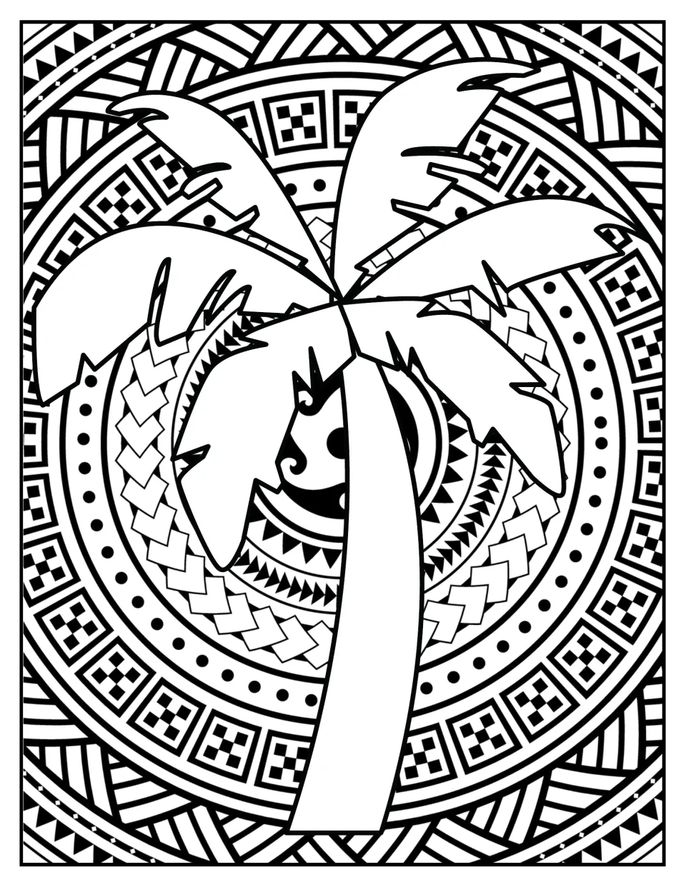 Palm tree coloring page: students color a tall palm with spreading fronds over a circular tribal-style pattern