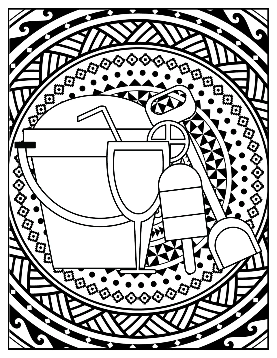 Beach toys and treats to color: sand bucket, shovel, ice pop, drink with straw and lemon slice amid pixel diamonds