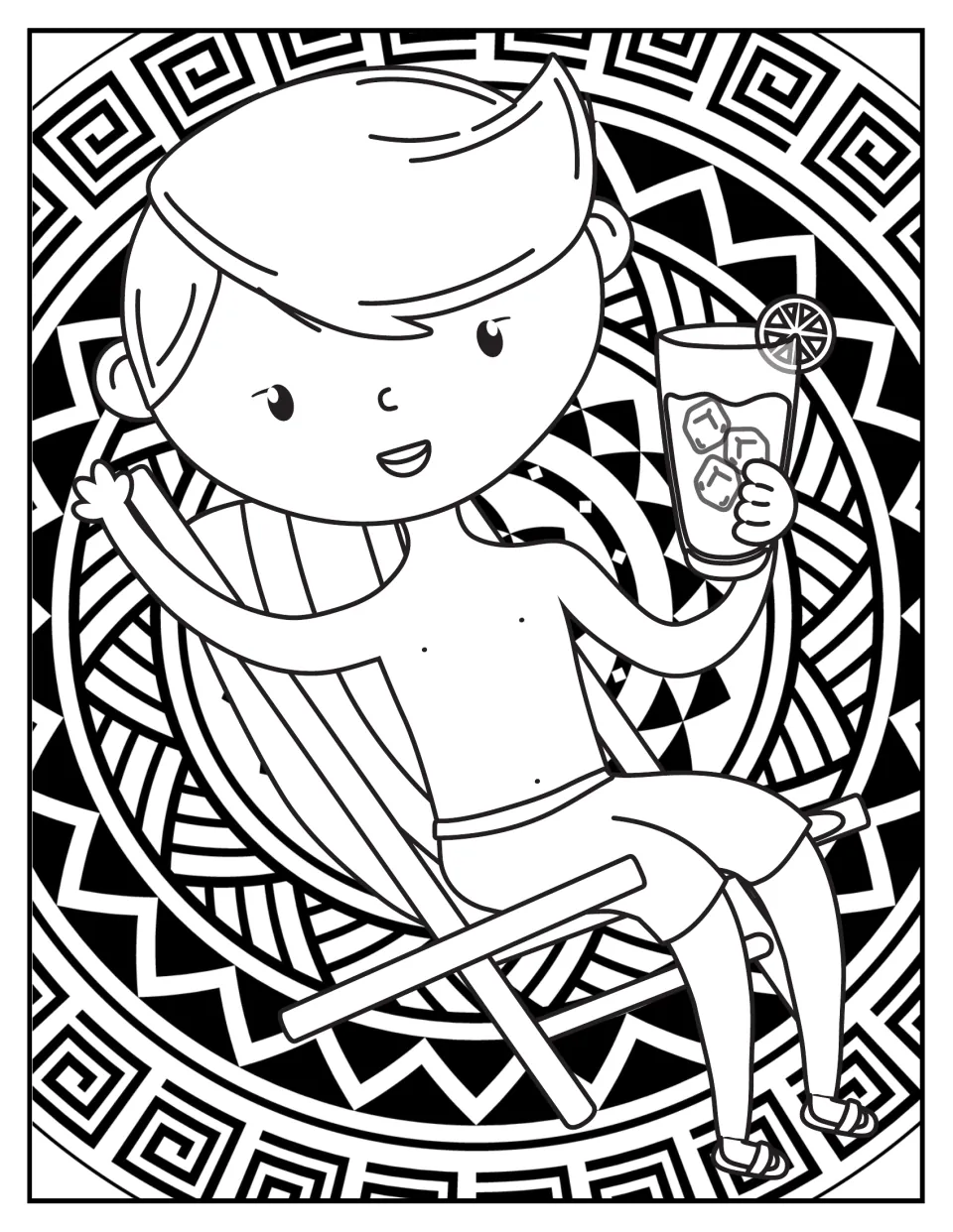 Boy relaxing in a beach chair holding an iced drink, ready to color over a swirling geometric mandala background
