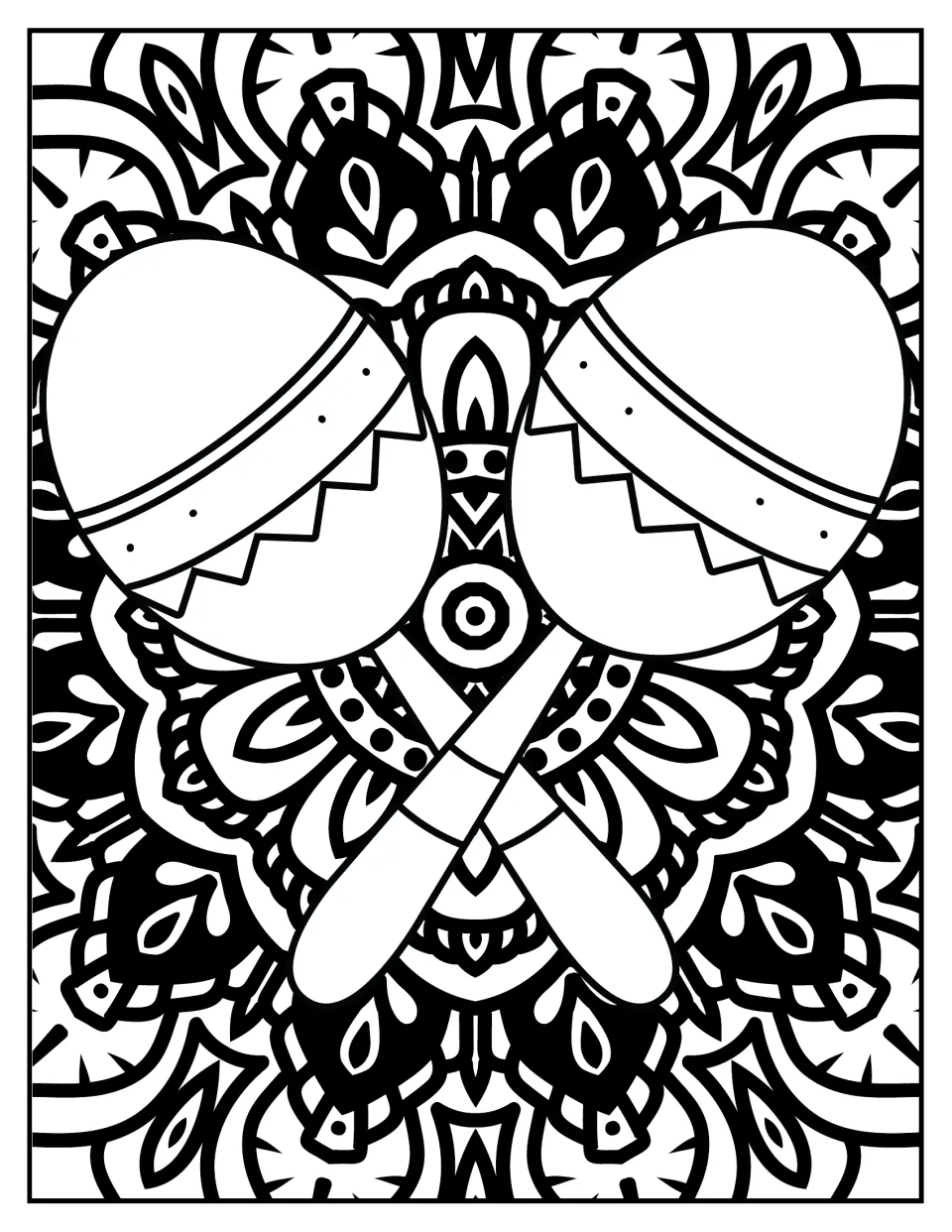 Maracas coloring page: two crossed maracas with zigzag bands set against a bold floral mandala of petals