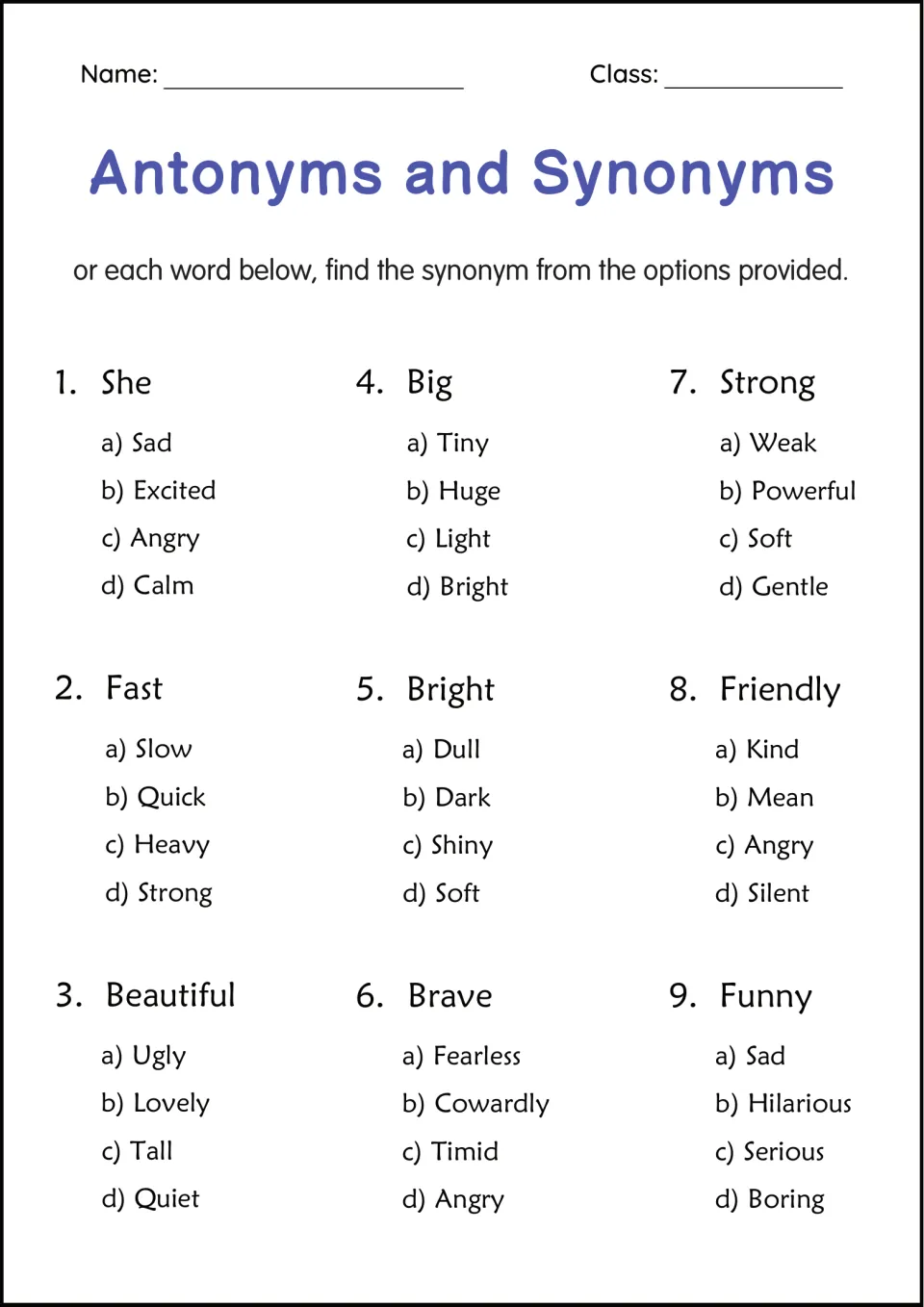 Synonym multiple choice: students pick the word meaning the same as Big, Fast, Beautiful, Brave, Funny and 4 more words