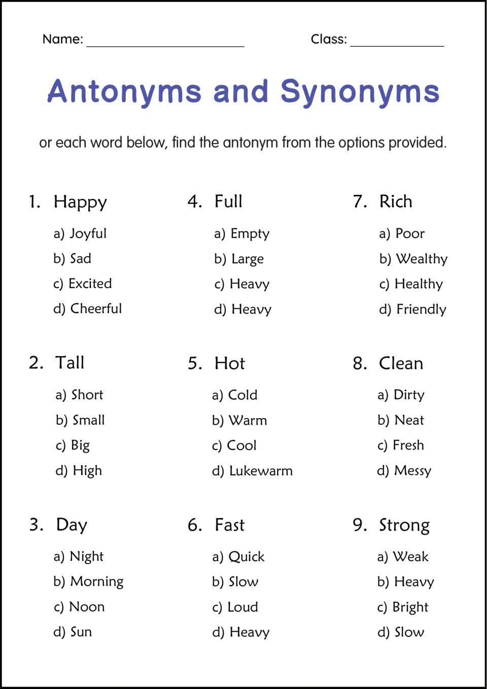 Antonym multiple choice: students choose the opposite of Happy, Tall, Day, Full, Hot, Rich and 3 more words from 4 options