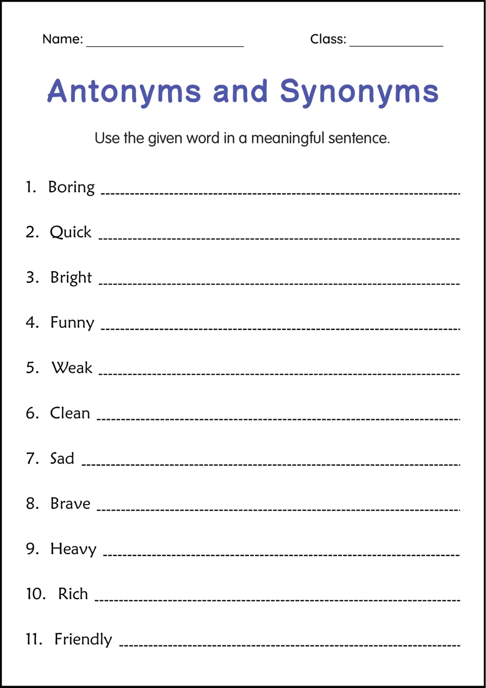 Vocabulary in context: students write a sentence using each of 11 words, including Boring, Quick, Brave, Heavy and Rich