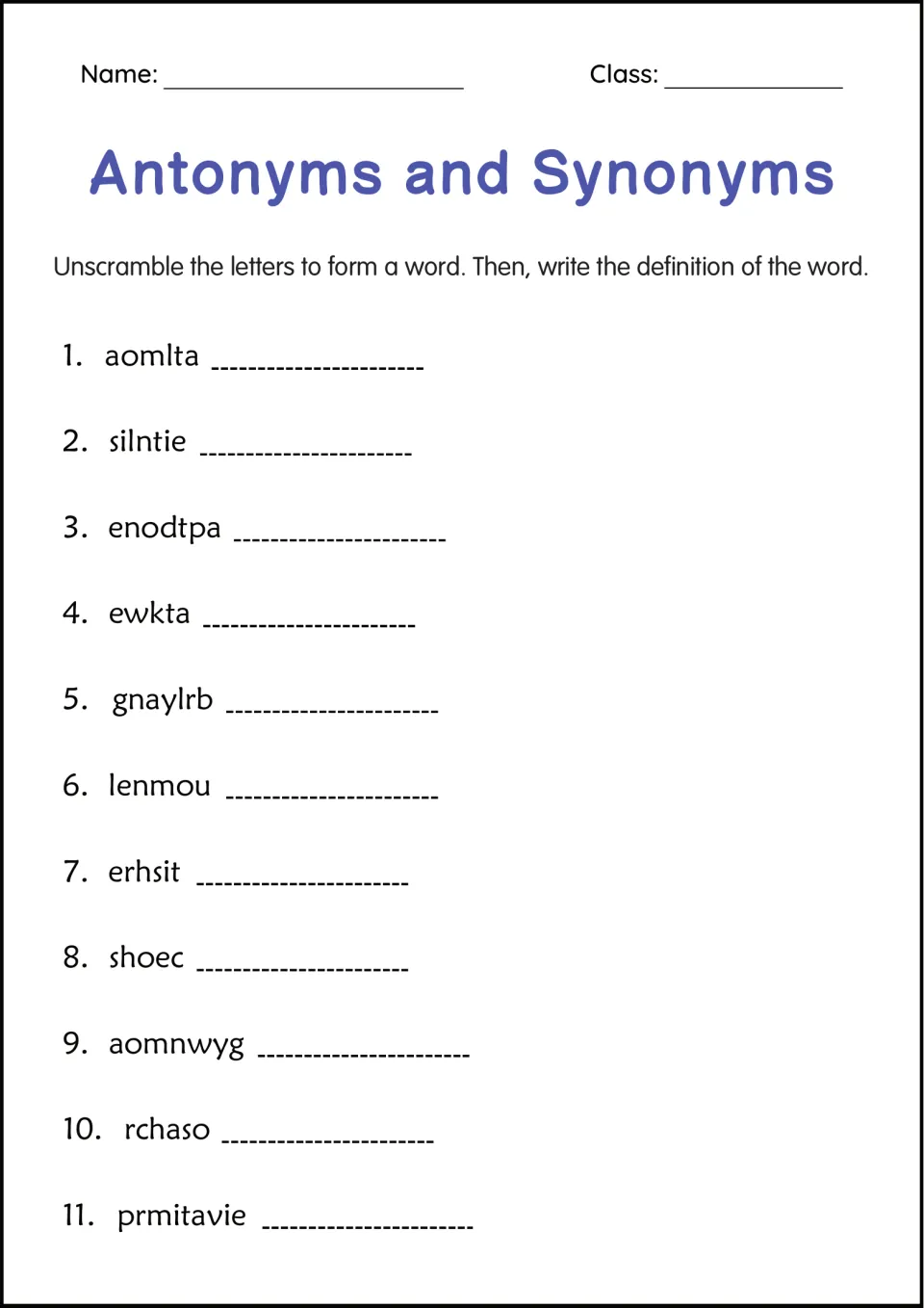 Word scramble: students unscramble 11 jumbled words such as aomlta and silntie, then write the definition of each word