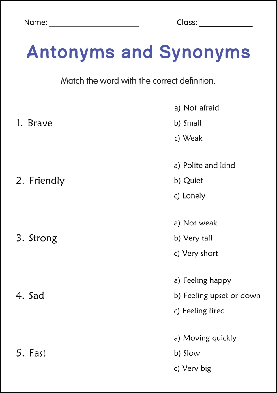 Word meanings match: students choose the right definition for Brave, Friendly, Strong, Sad and Fast from three choices