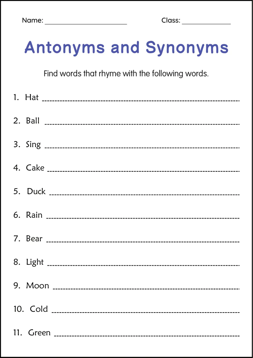 Rhyming words: students write a word that rhymes with each of 11 words, including Hat, Ball, Cake, Duck, Moon and Green