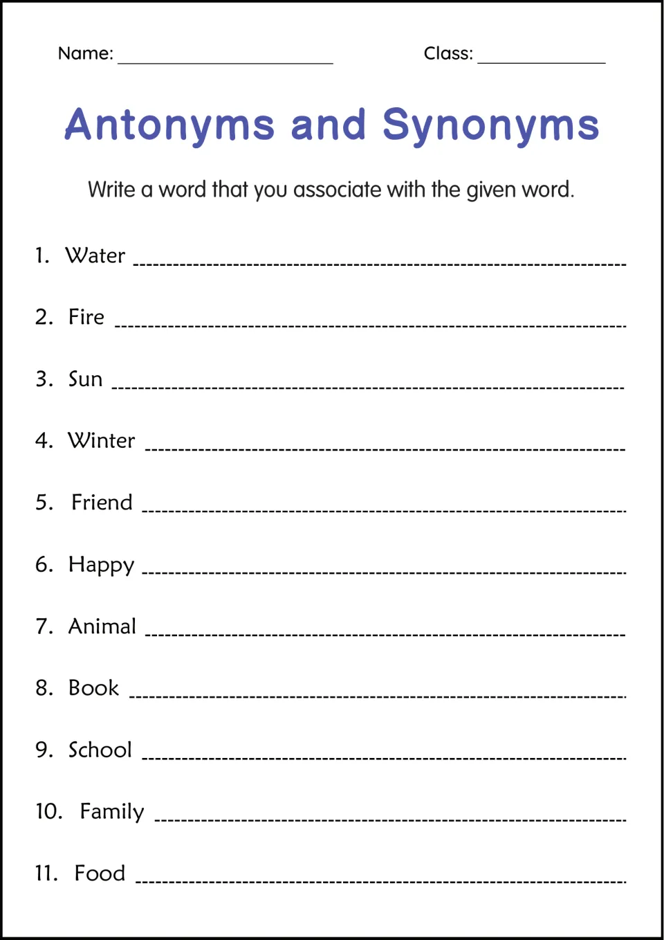 Word association: students write a word they link to Water, Fire, Sun, Winter, Friend, Book, School, Family and more